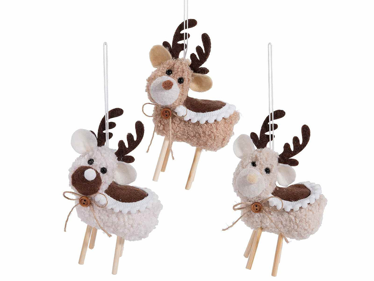 Renne in morbido eco-fur con gambe in legno e fiocco da appendere all'albero, set da 12 pezzi, cm 9,5 x 5 x 15 H