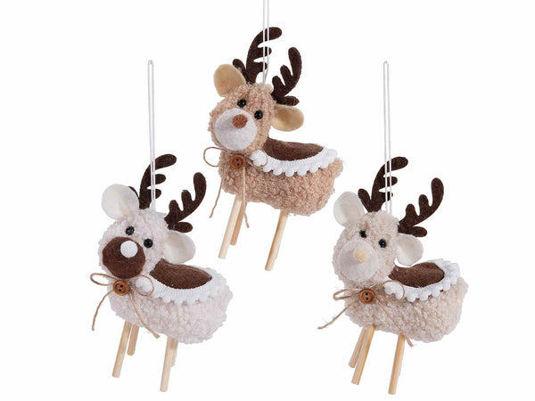 Renne in morbido eco-fur con gambe in legno e fiocco da appendere all'albero, set da 12 pezzi, cm 9,5 x 5 x 15 H