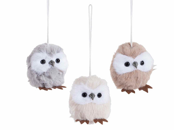 Addobbo albero di Natale a civetta in morbido eco-fur con cordino da appendere, set da 24 pezzi, Ø 5 cm x 5,5 H