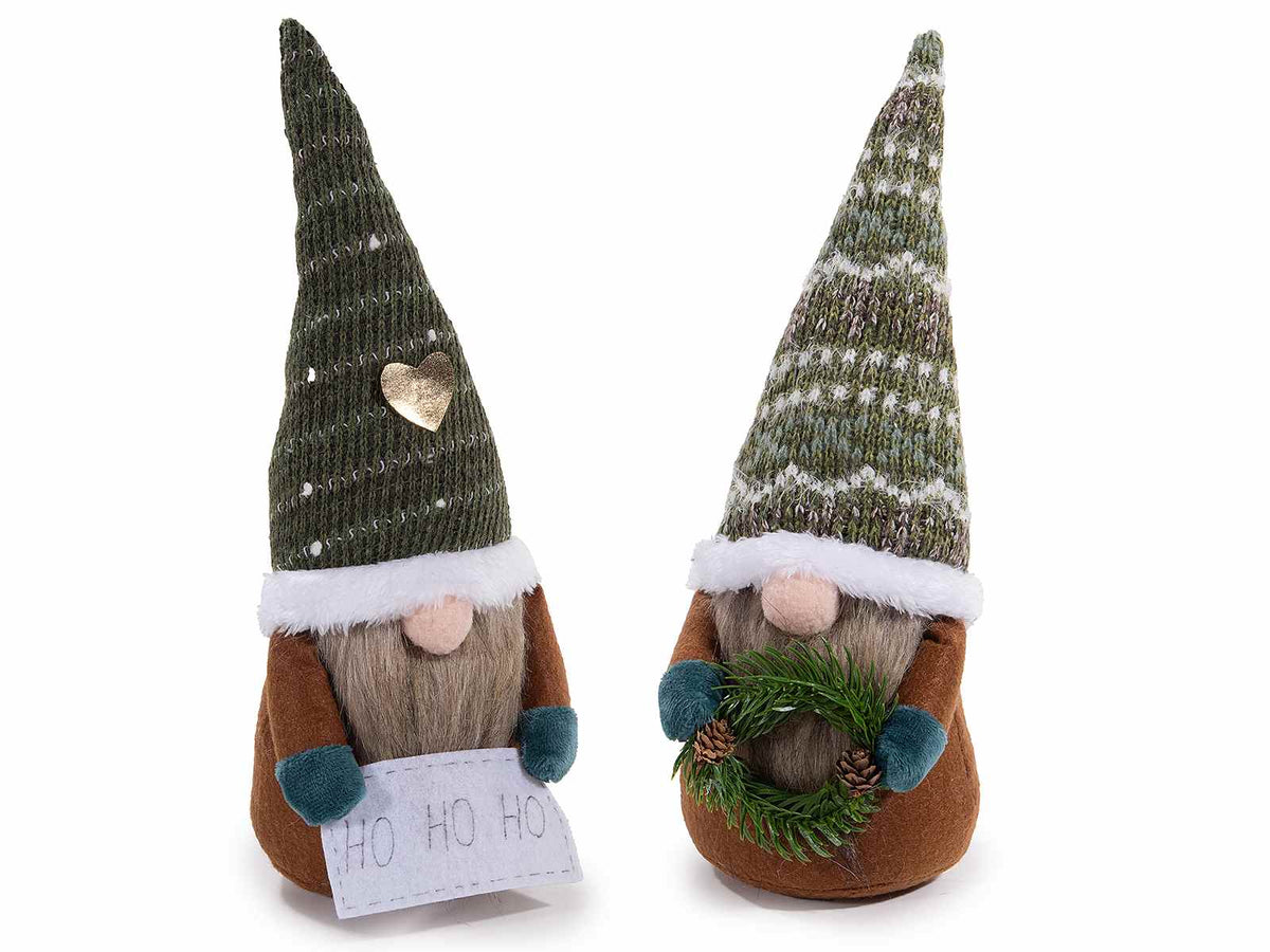Set di 6 gnometti di Natale in stoffa con decoro natalizio in mano e cuoricino oro su cappello, da appoggiare, cm 11x12x33 H (capp.esteso)