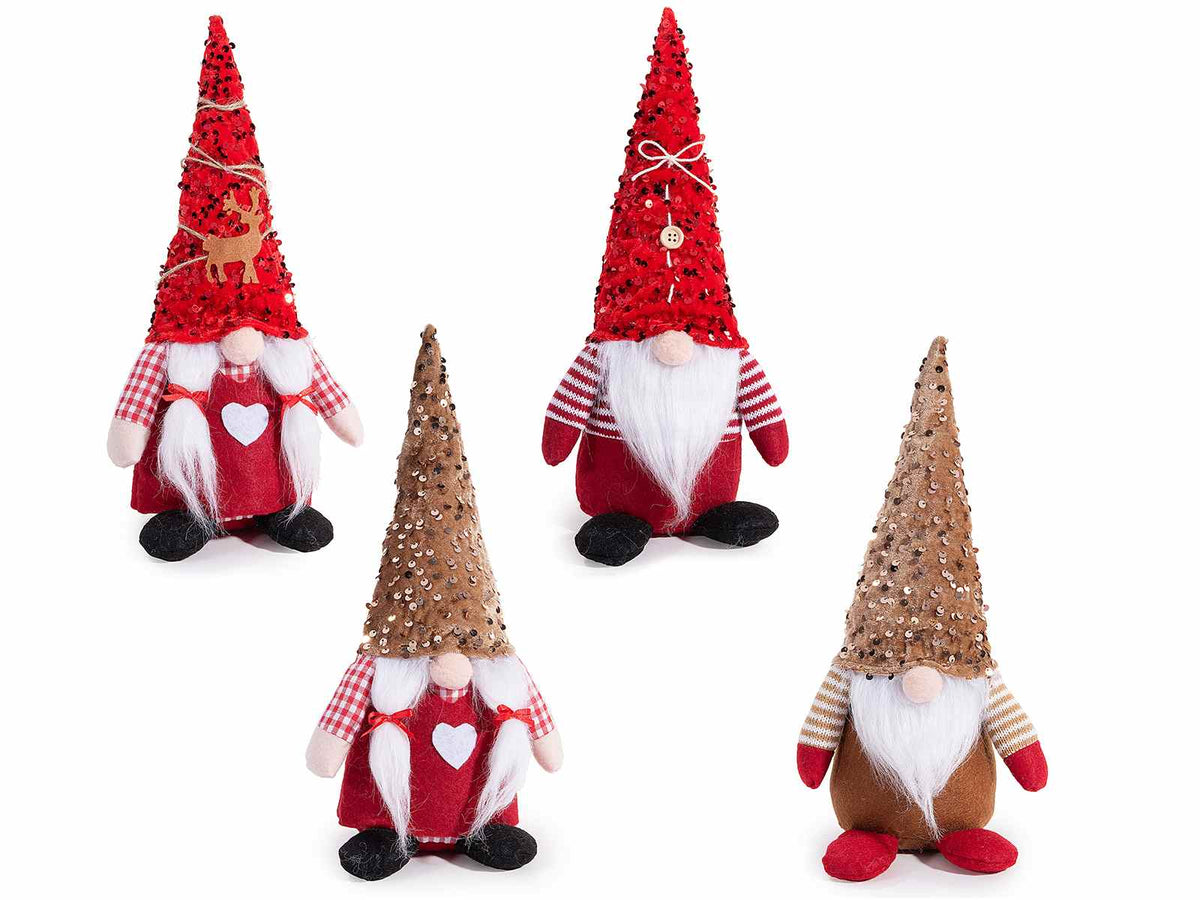 Babbo Natale / Gnomi di Natale realizzati in morbida stoffa con salopette, set da 8 pezzi, cm 15x13x34 H (capp.esteso)