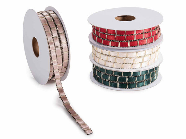 Set di 4 nastri di Natale in raso con intarsio di filo dorato, mm 7 x 10 m