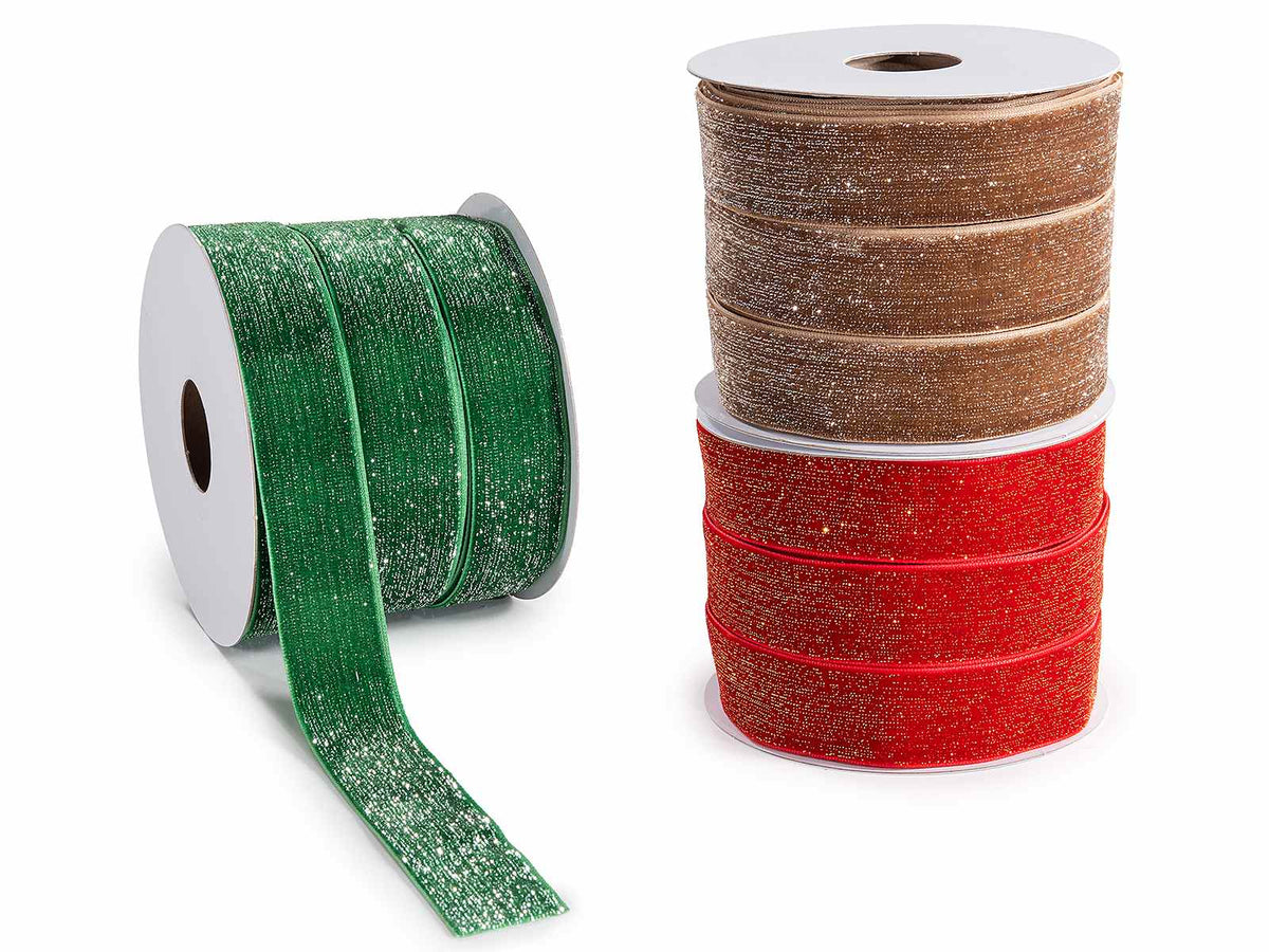Nastri di Natale in velluto colorato ad effetto lamé, set da 3 pezzi, mm 25 x 15 m
