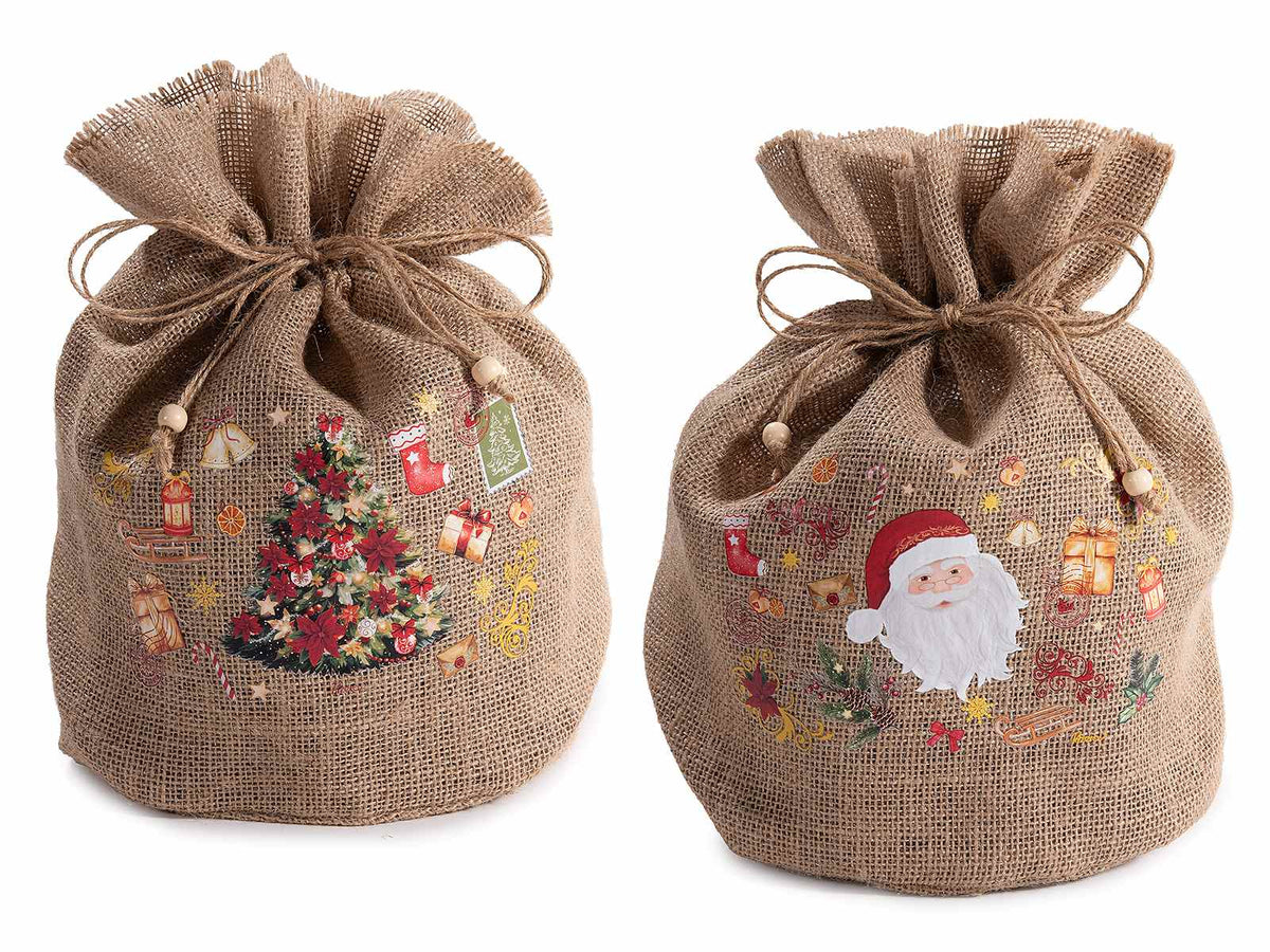Sacchetti portapanettone in tela effetto juta con tirante e decorazioni, set da 6 pezzi, Ø23cmx30H (al tirante22)