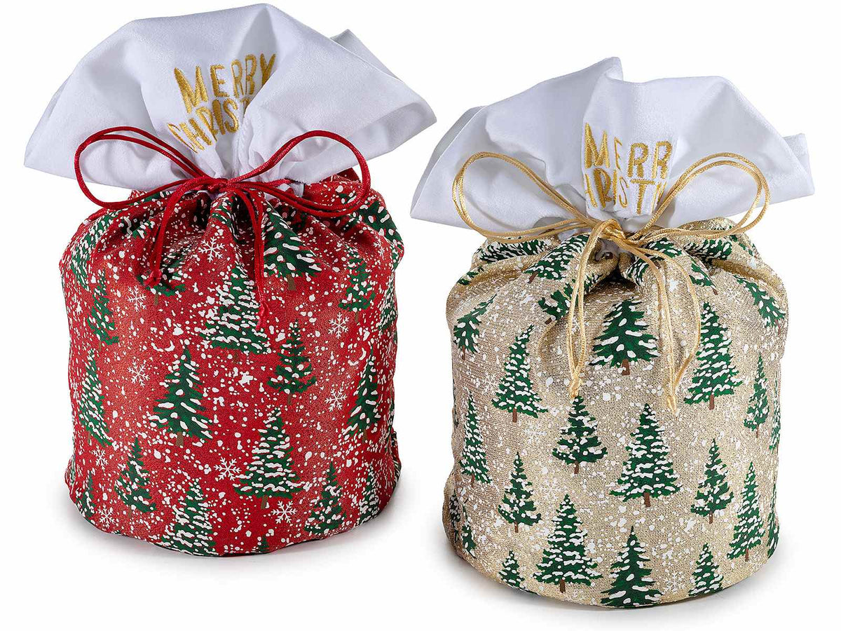 Sacchetti natalizi portapanettone con tirante, ricamo dorato con scritta Merry, set da 6 pezzi, Ø23cmx32H (al tirante22)