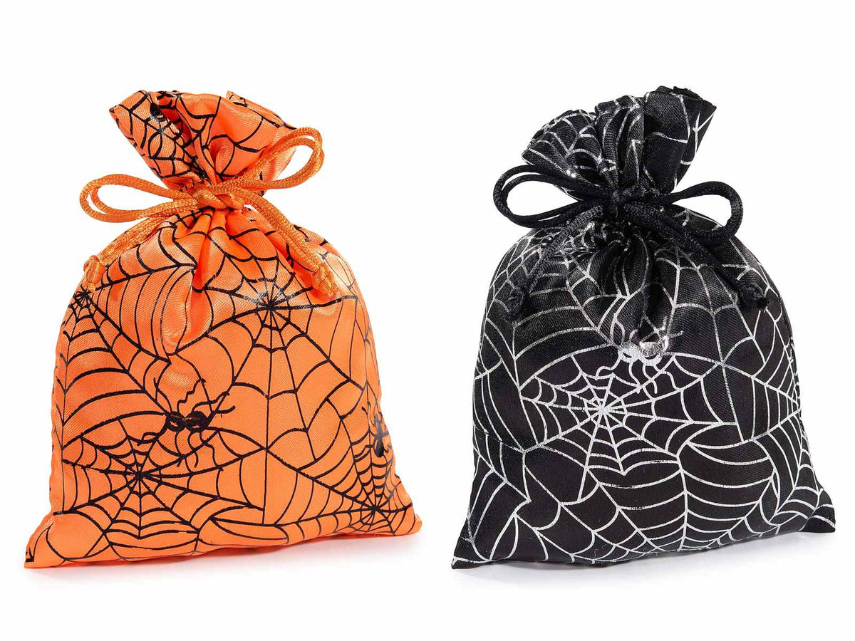 Sacchetti portadolci di Halloween in poliestere con stampa ragni e ragnatela, set da 24 pezzi, cm13x18H (al tirante 13,5)