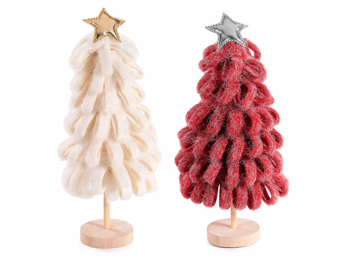 Decorazione ad albero di Natale in panno con stella dorata e base in legno, set da 8 pezzi, Ø 8 cm x 21 H