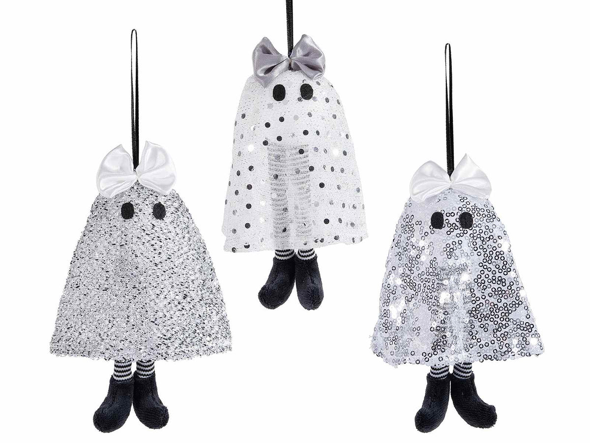 Decorazione gambelunghe di Halloween a fantasmino con occhi, fiocco, set da 9 pezzi, cm 17 H
