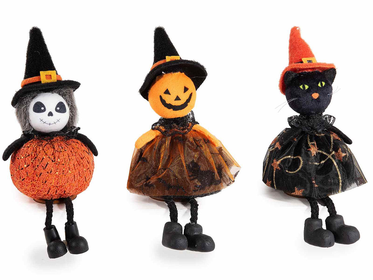 Personaggi di Halloween gambelunghe da appoggiare a zombie, zucca e gatto nero, set da 9 pezzi, Ø7,5cmx15H (capp.esteso)