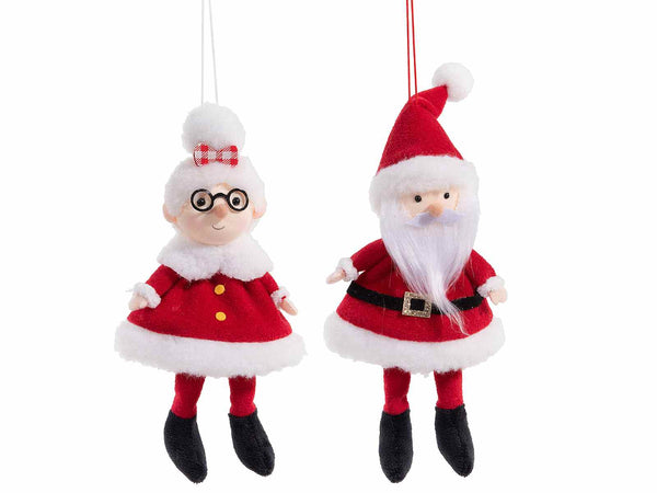 Set di 6 addobbi da appendere all'albero di Natale a Mamma e Babbo Natale con gambelunghe e abito in panno, Babbo: cm 22 H(capp.esteso)