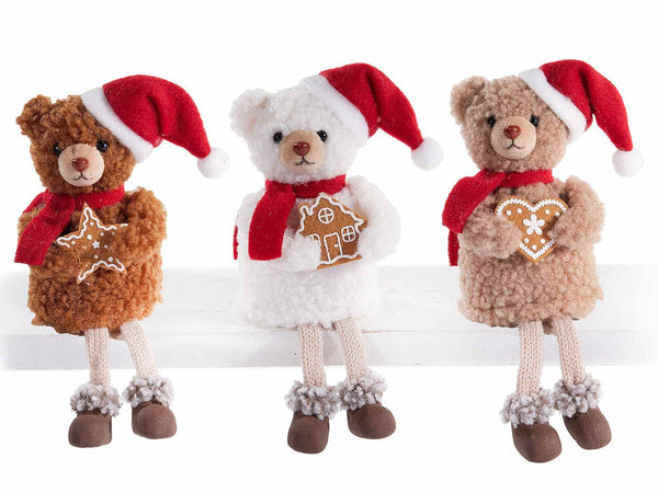 Set di 6 decorazioni natalizie ad orsetto in morbido peluche con biscottino pan di zenzero, berretto e sciarpa di Natale, cm 9x6,5x11 H (c/gambe17)