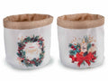 Cestini di Natale in stoffa con interno in juta e decorazioni natalizie con scritta Merry Christmas, set da 8 pezzi, Ø 18 cm x 22 H