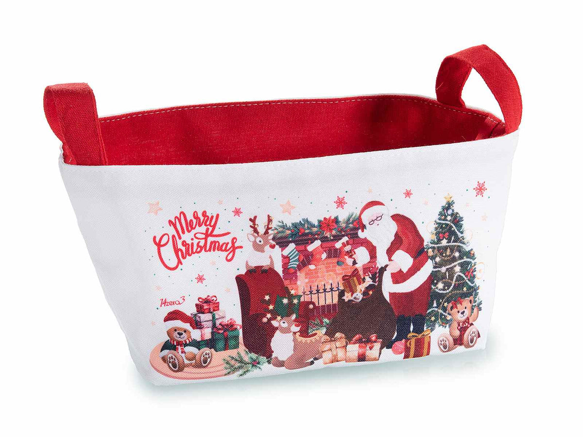 Cestini di Natale in stoffa con interno rosso, manici e decorazione natalizia, set da 8 pezzi, cm 21 x 15 x 12 H