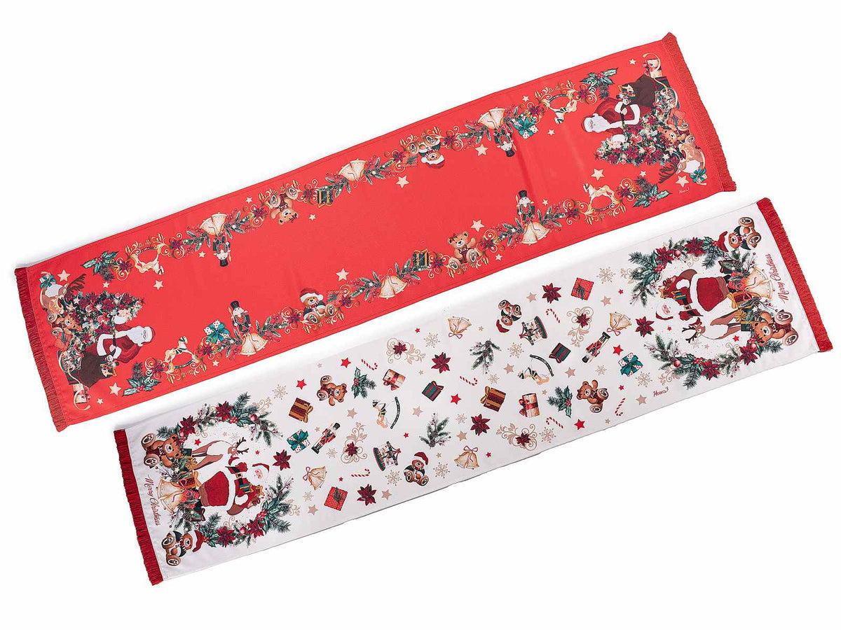 Runner tavola di Natale / tovaglia natalizia in stoffa con frange e decorazioni, set da 6 pezzi, cm 32 x 140 H