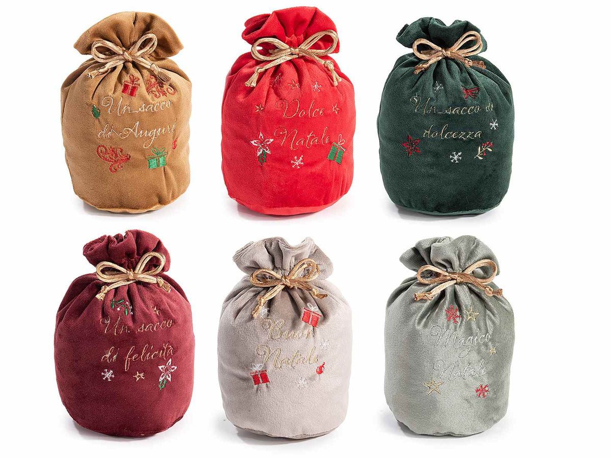 Sacchetti in velluto per panettoncini di Natale con decori natalizi e scritte augurali ricamate, con tirante, set da 12 pezzi, Ø10cmx16H (al tirante12