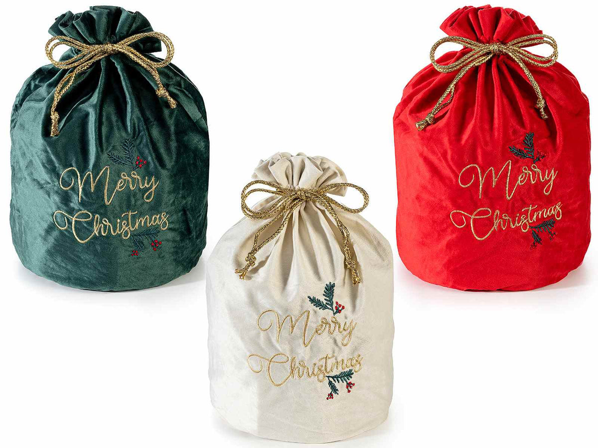 Sacchetti portapanettone in velluto con scritta Merry Christmas ricamata, set da 6 pezzi, Ø22cmx34H (al tirante29)