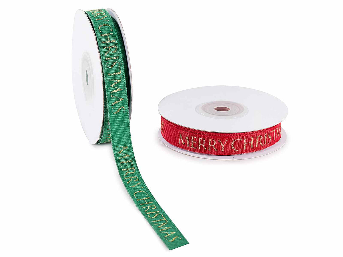 Nastri natalizi in tessuto colorato con scritta dorata Merry Christmas, set da 6 pezzi, mm 15 x 15 m