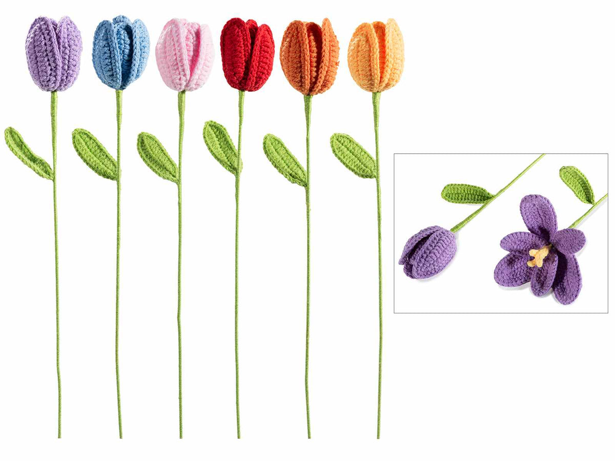 Tulipani colorati realizzati ad uncinetto con gambo e foglie modellabili, set da 6 pezzi, Chiuso: Ø 4 cm x 41 H