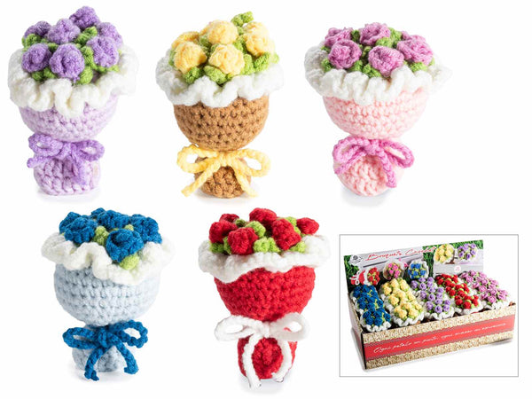 Bouquet di fiori colorati lavorati con uncinetto in espositore da 15 pezzi, set da 15 pezzi, Ø 6 cm x 7,5 H