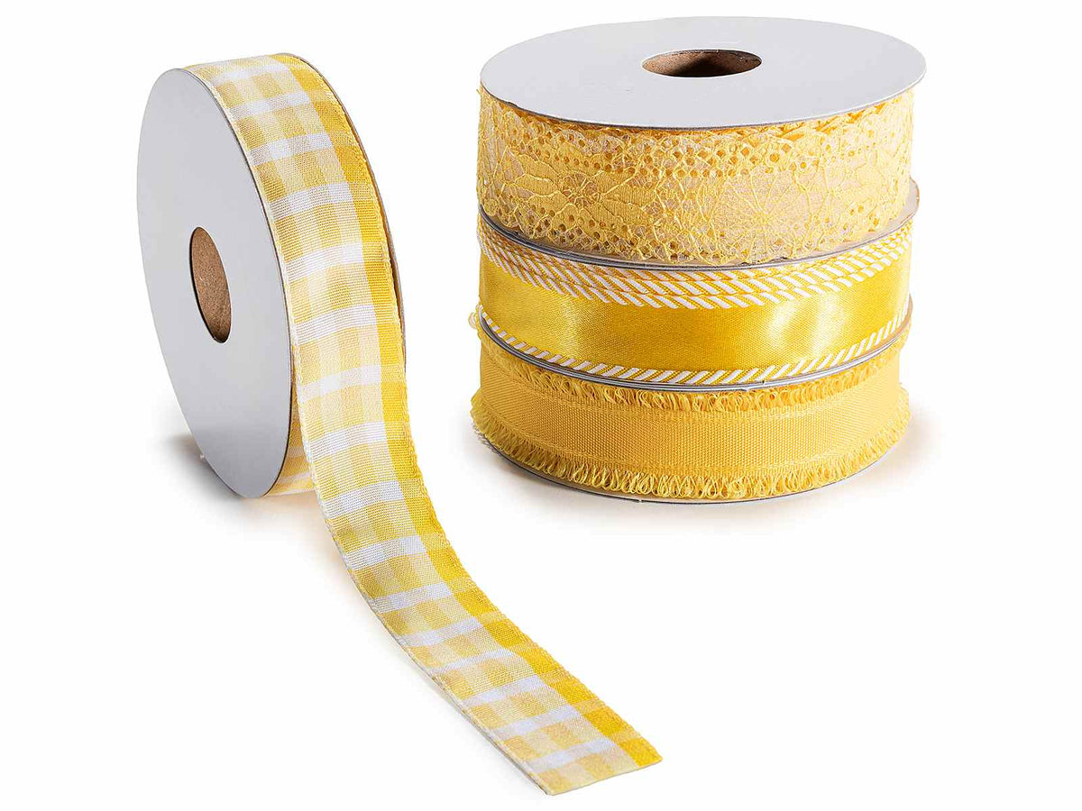 Nastri in raso e pizzo di colore giallo, set da 4 pezzi, mm 25 x 10 m