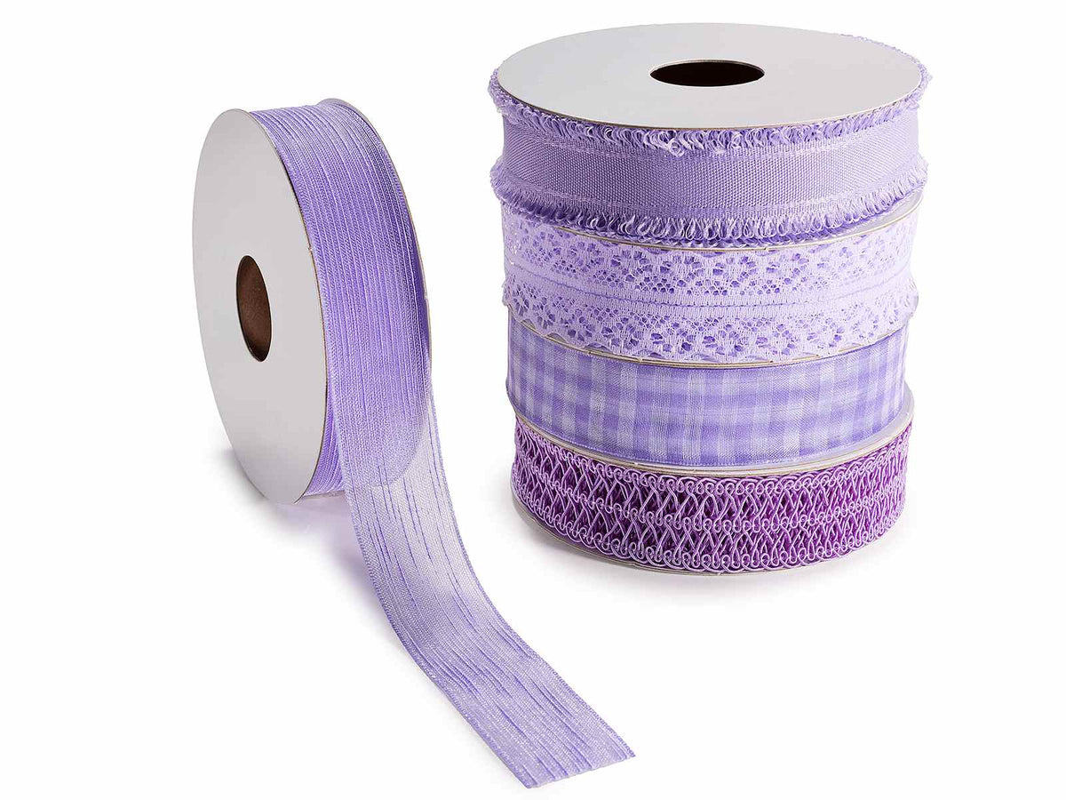 Nastri in raso e pizzo di colore viola / lilla, set da 5 pezzi, mm 25 x 10 m