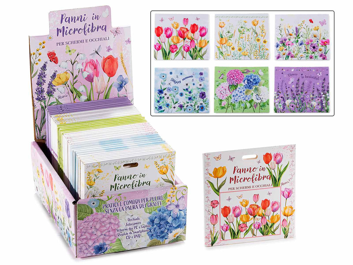 Panno in microfibra pulisci schermo / occhiali con stampa fiori in espositore, set da 36 pezzi, cm 18 x 15 H