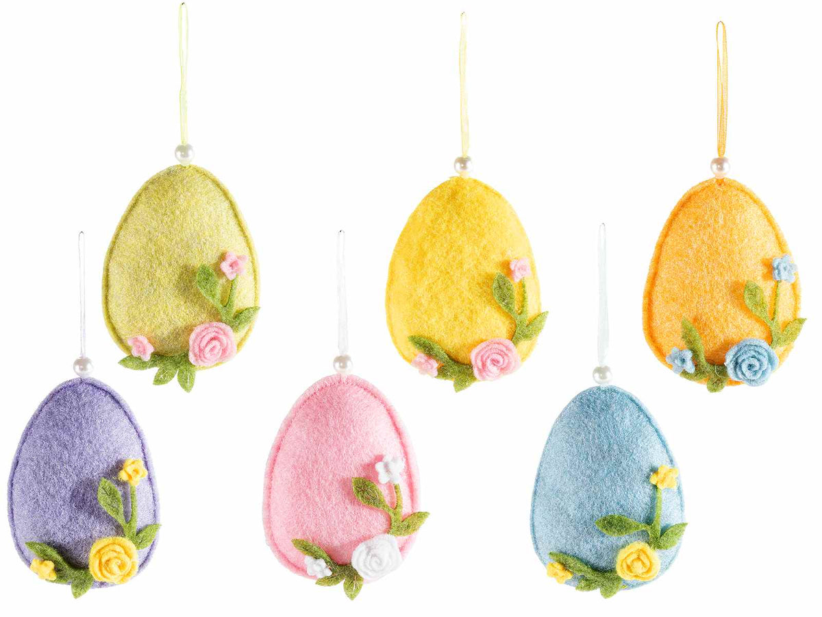 Uova di Pasqua in panno colorato con roselline e perlina da appendere, set da 12 pezzi, cm 7,5 x 10,5 H