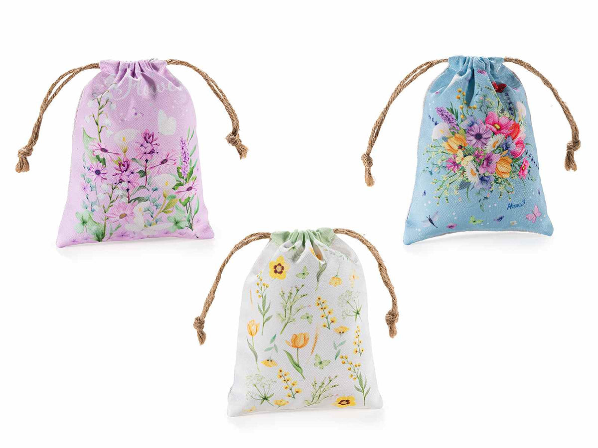 Sacchetti in stoffa colorata con stampa floreale primaverile e tirante, set da 36 pezzi, cm13 x 17 H (al tirante15)
