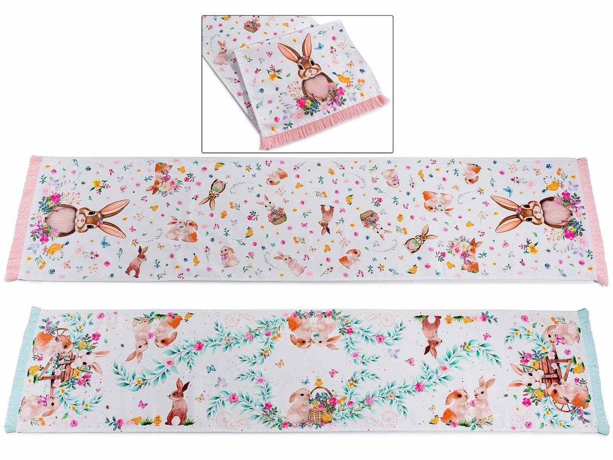 Runner / tovaglia da tavola in stoffa con frange e decori conigli pasquali, set da 6 pezzi, cm 32 x 140 H