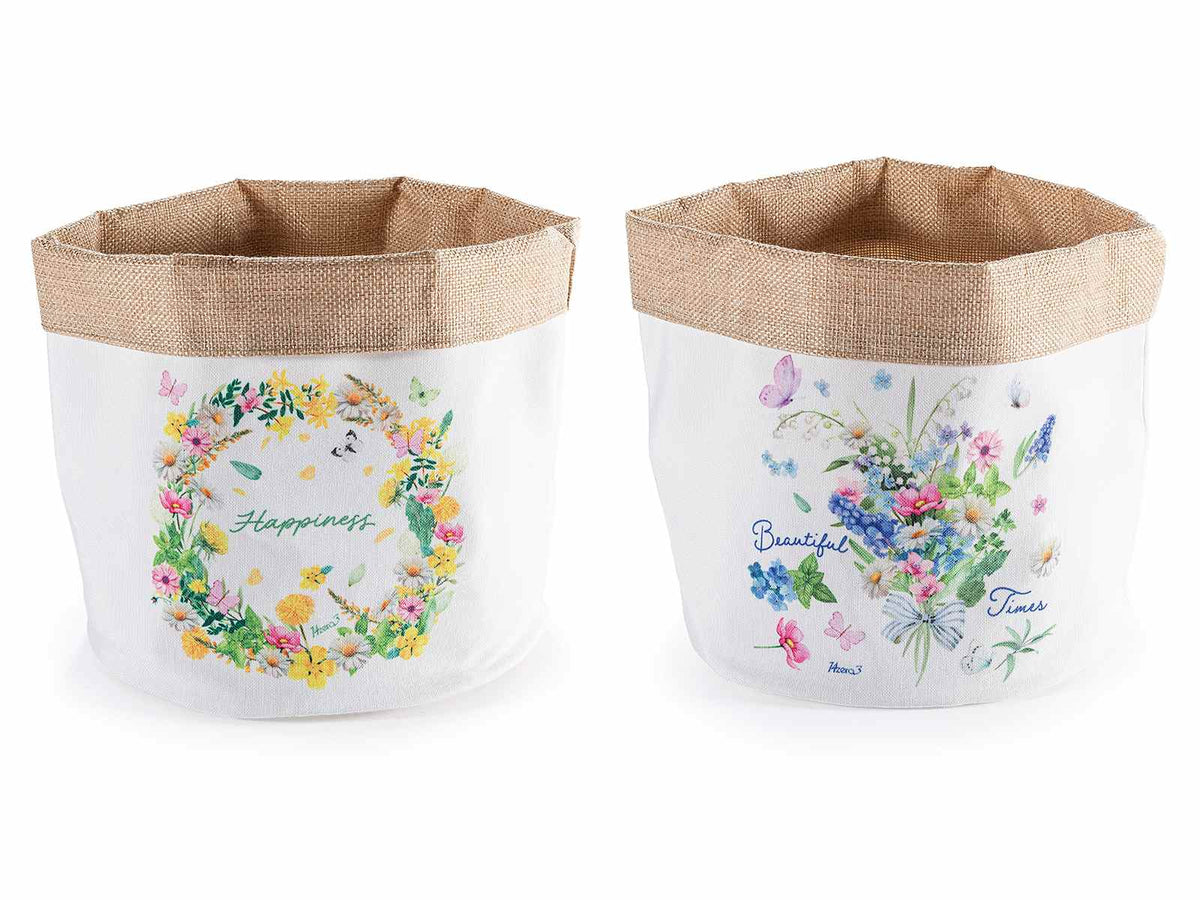 Cestini in stoffa con decorazioni floreali e interno in juta, set da 8 pezzi, Ø 20 cm x 20 H