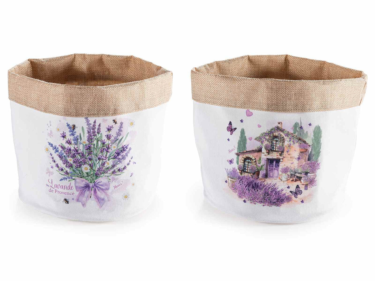 Cestini in stoffa decori lavanda con interno in juta, set da 8 pezzi, Ø 20 cm x 20 H