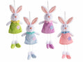 Coniglietti gambelunghe di Pasqua con abito colorato in peluche e decoro, set da 8 pezzi, cm9x5,5x20H (orecc.estese)