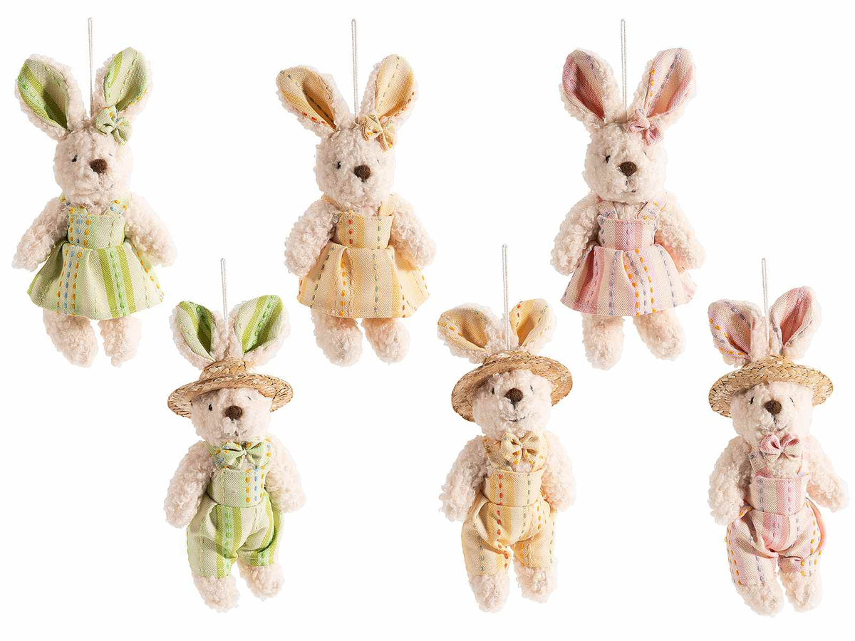 Coniglietti in morbido peluche con salopette, vestitino, fiocchetto e cappello, set da 6 pezzi, cm 10x6x21 H (orecc.estese)