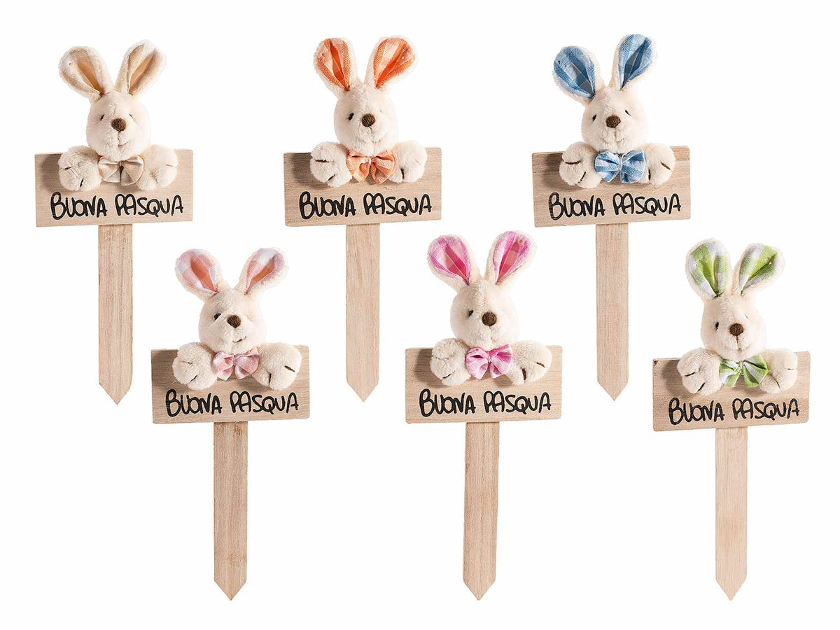 Cartelli ad insegna con scritta Buona Pasqua in legno con coniglietto peluche, set da 12 pezzi, cm7,5x18H (orecc.estese)