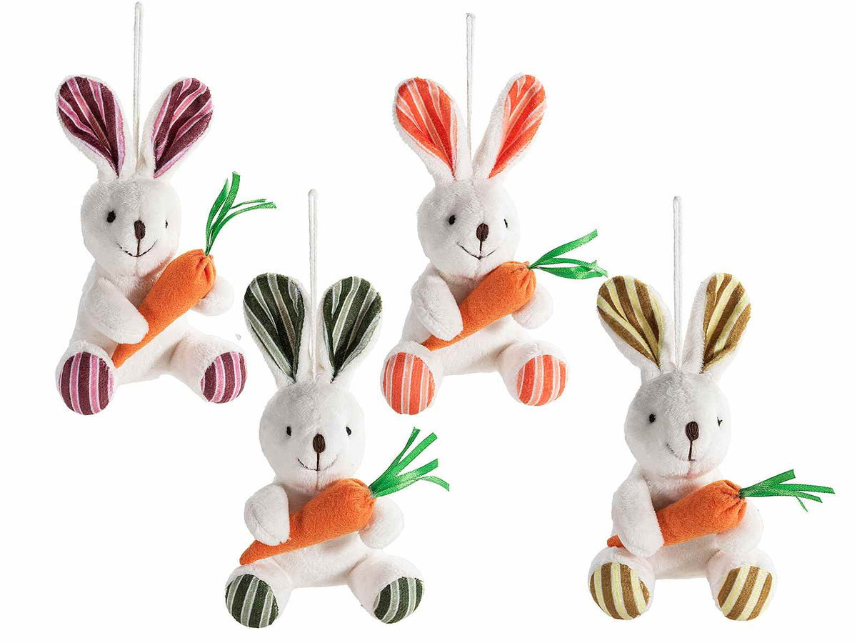 Coniglietti pasquali in stoffa con carota e cordino da appendere, set da 8 pezzi, cm 6x7x15 H (orecc.estese)