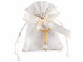 Sacchetti bomboniera in stoffa con portachiavi metallo con tulipano bianco, set da 30 pezzi, cm 10x13,5 H (al tirante 9)