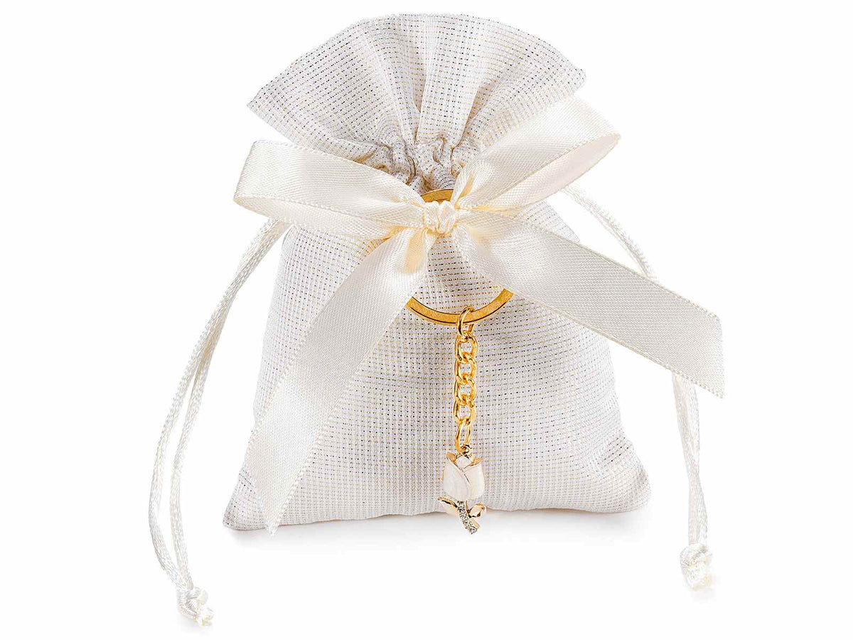 Sacchetti bomboniera in stoffa con portachiavi metallo con tulipano bianco, set da 30 pezzi, cm 10x13,5 H (al tirante 9)