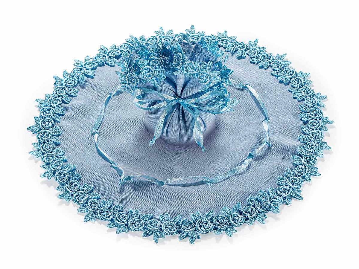 Sacchetti per bomboniera color azzurro in stoffa, picco con ricami di rose, set da 30 pezzi, Ø 23,5 cm