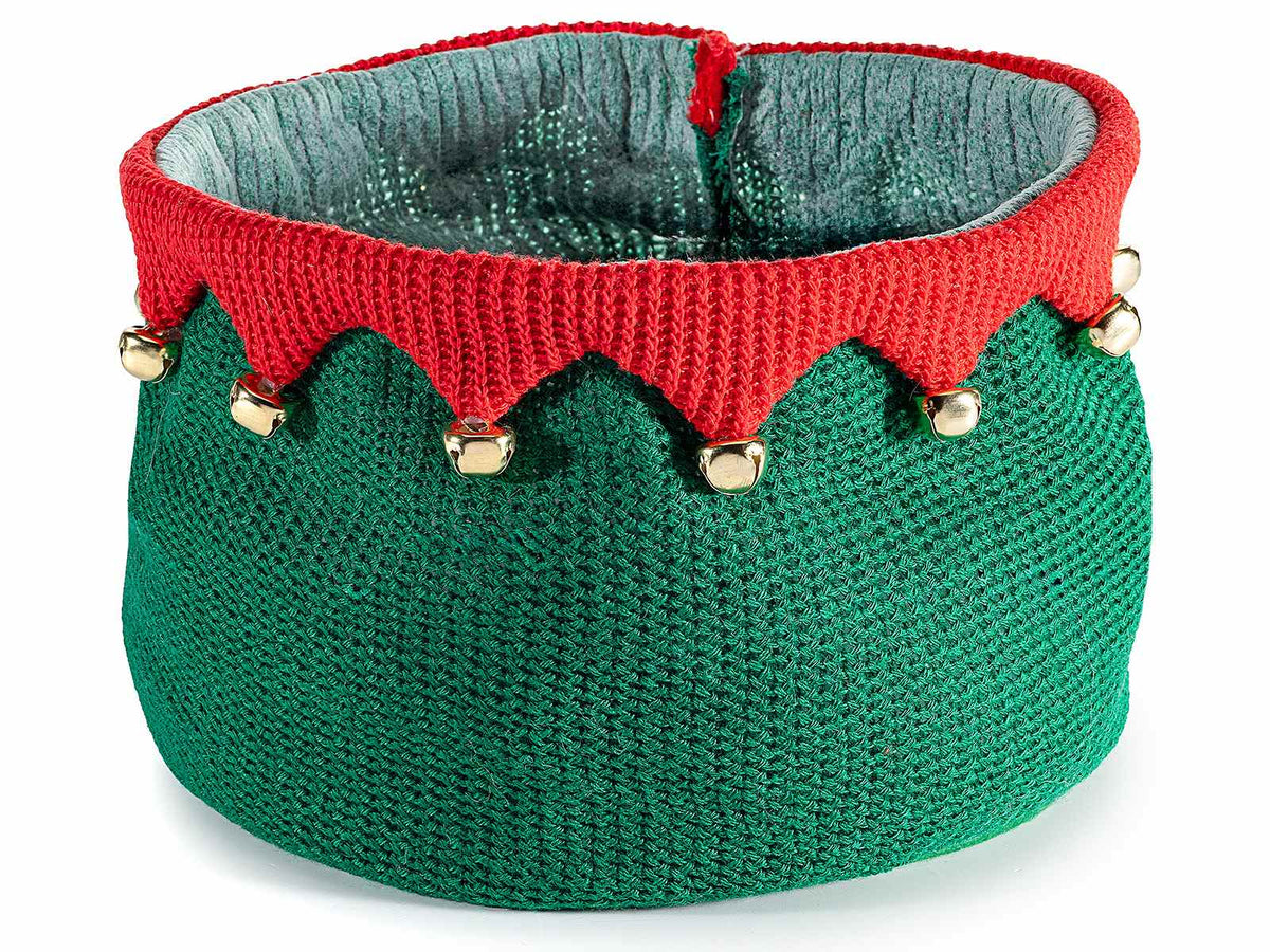 Cestini natalizi in maglia tema elfo e campanelline dorate, set da 4 pezzi, Ø 21 cm x 15 H