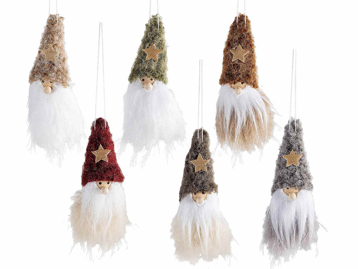 Babbo Natale decorativo da appendere con cappello in morbida eco-fur con decoro, set da 12 pezzi, Ø 4 cm x 9 H (capp.esteso)