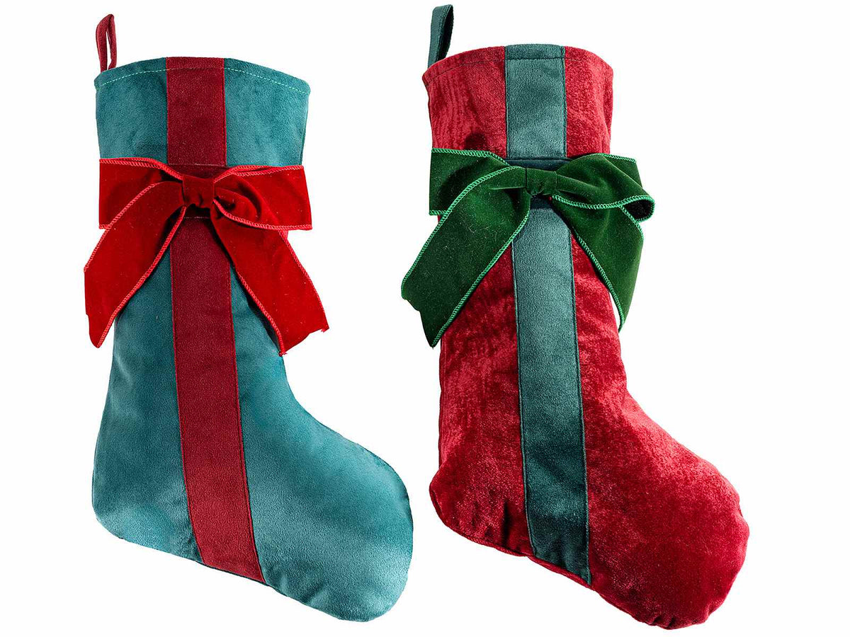 Calze Befana / natalizie in velluto con nastro e fiocco da appendere, set da 6 pezzi, cm 26 x 45 H