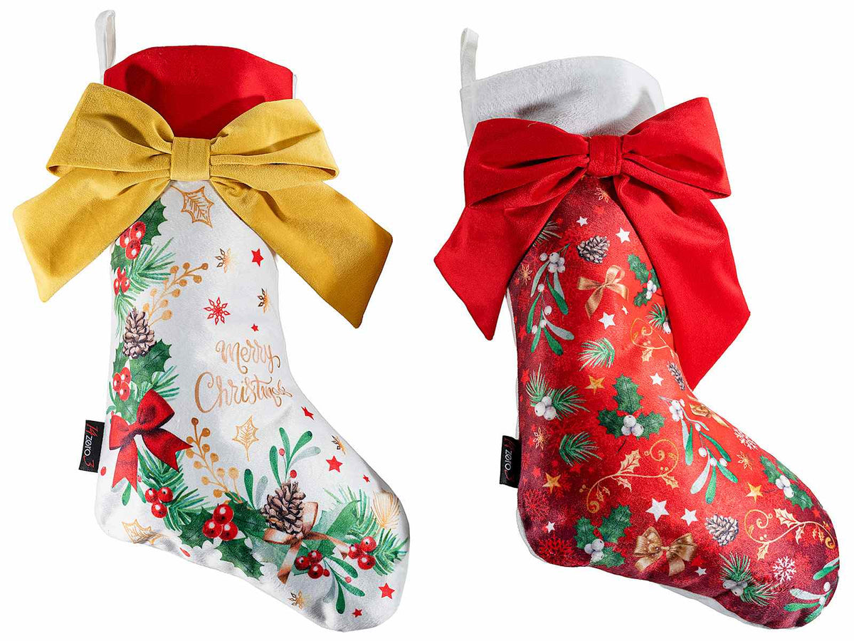 Calze Befana / di Natale in morbida stoffa con decori e fiocco in velluto, set da 6 pezzi, cm 25 x 44 H