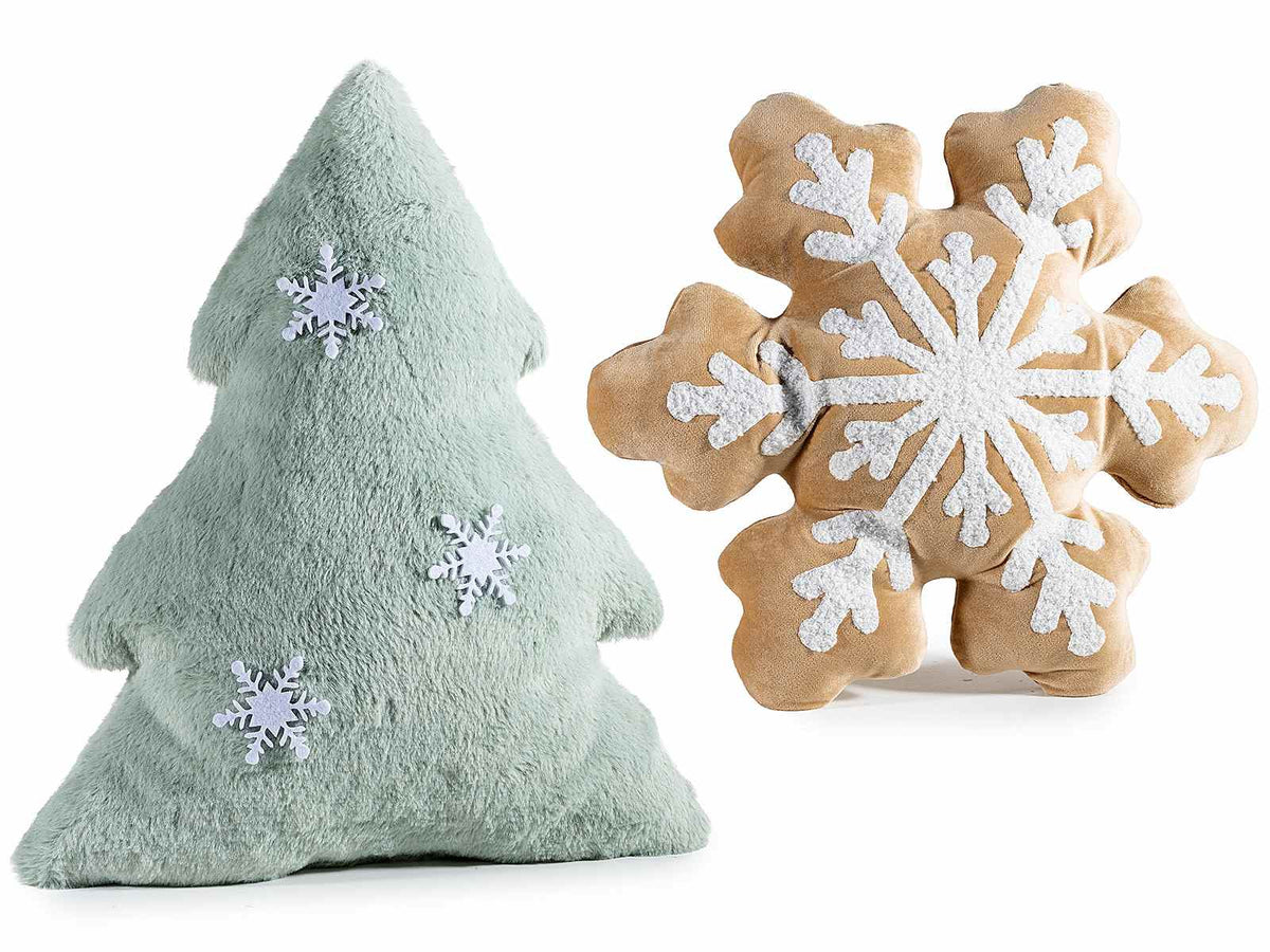 Cuscini natalizi in morbido peluche a forma di albero e fiocco neve con decori in rilievo, set da 2 pezzi, Pino: cm 37 x 44 H
