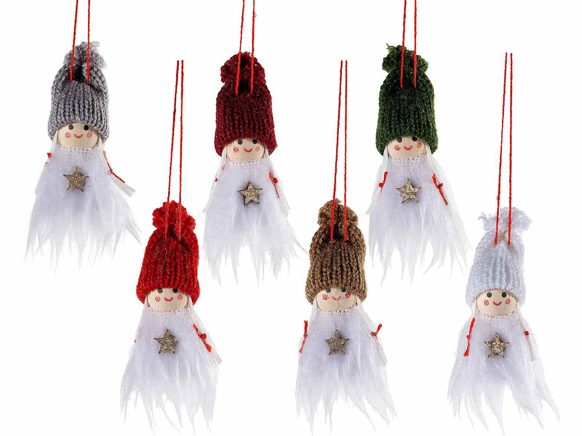 Folletti natalizi da appendere con cappello in maglia e decoro stellina dorata, set da 12 pezzi, Ø2,5cmx7H (capp.esteso)