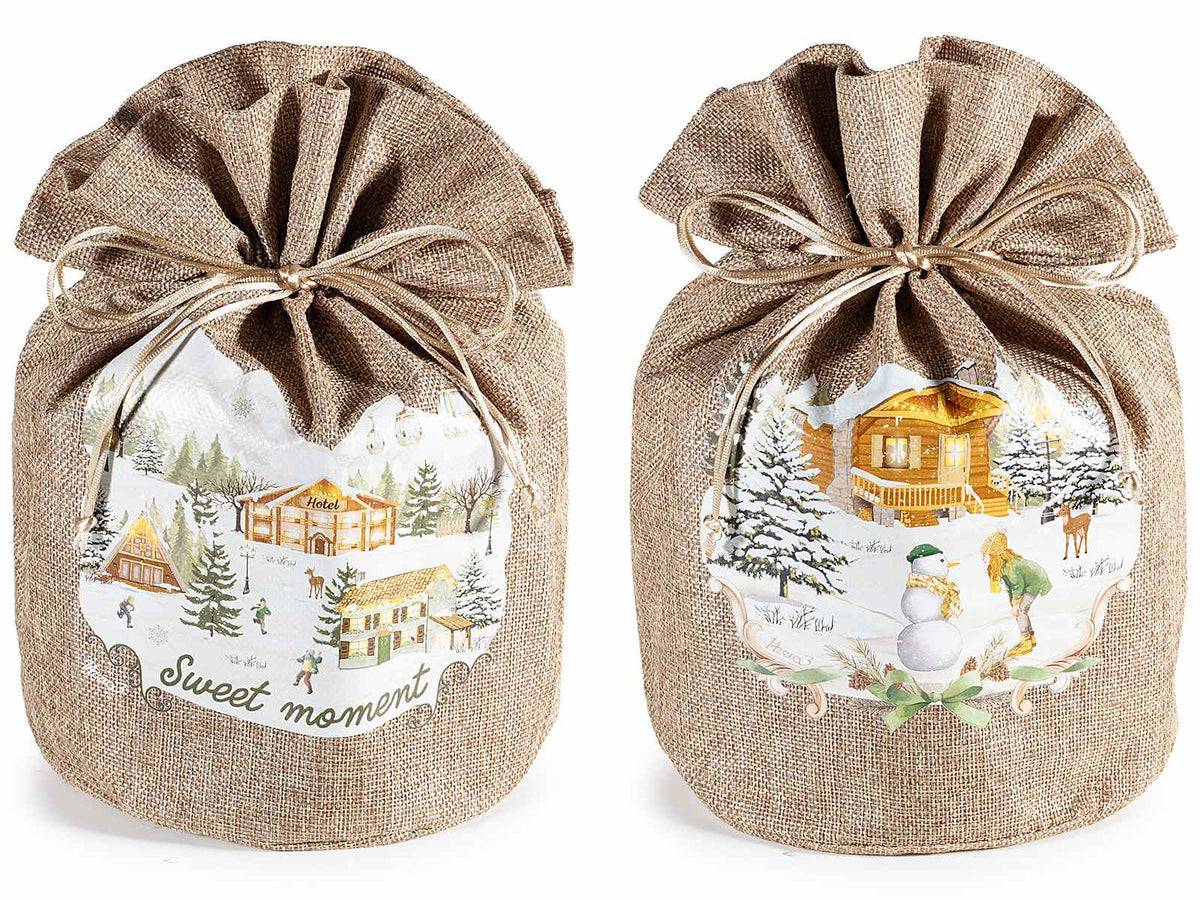 Sacchetti portapanettone effetto juta con tirante e stampa villaggio natalizio, set da 4 pezzi, Ø23cmx30H (al tirante23)