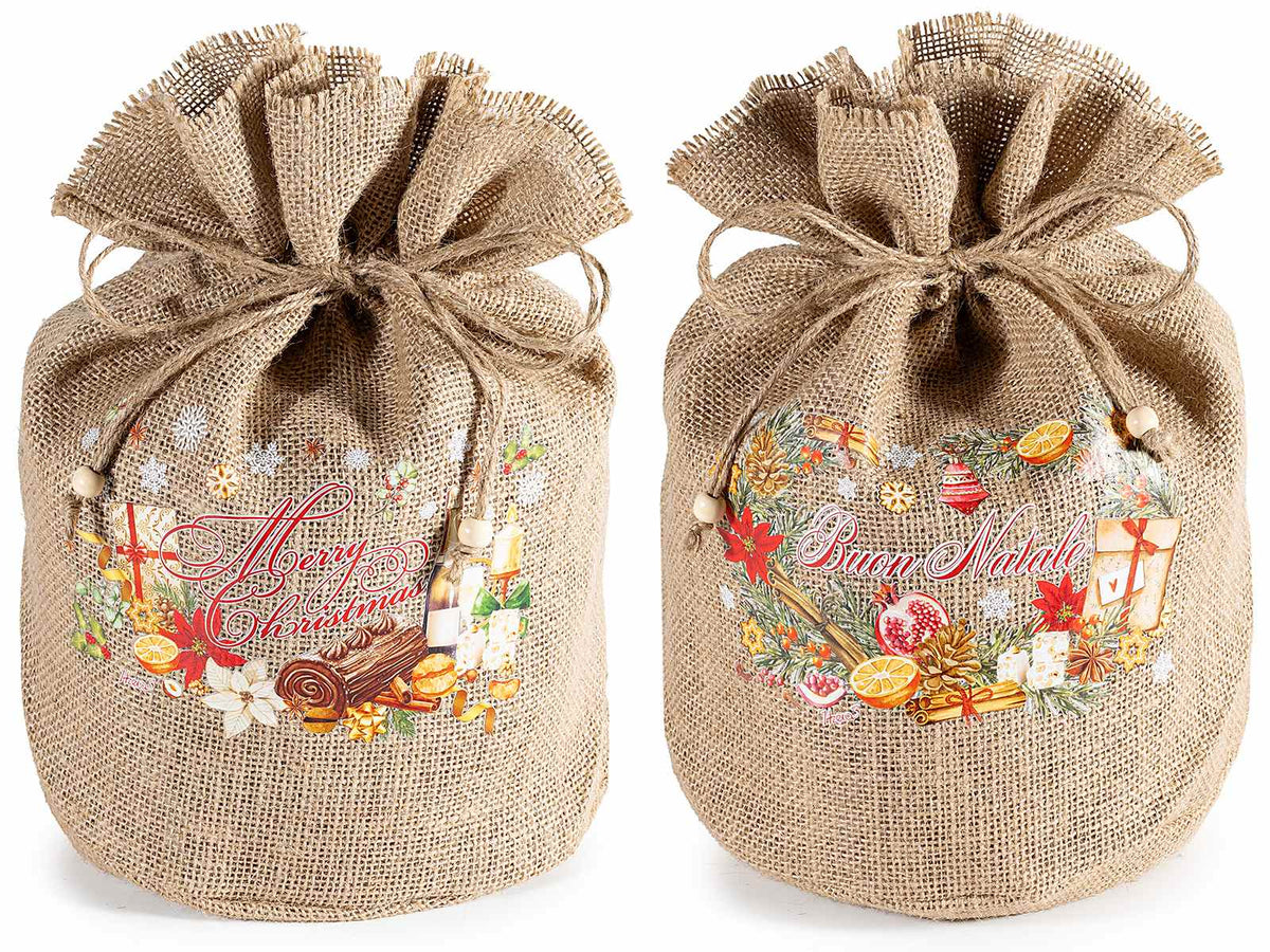 Sacchetti portapanettone effetto juta con tirante e stampa dolcetti natalizi, set da 4 pezzi, Ø23cmx30H (al tirante22)