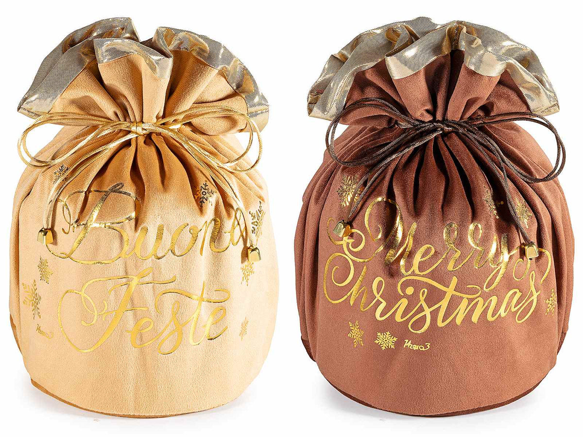 Sacchetti portapanettone in velluto con bordo e scritta Buone Feste / Merry Christmas dorata, set da 4 pezzi, Ø23cmx30H (al tirante23)