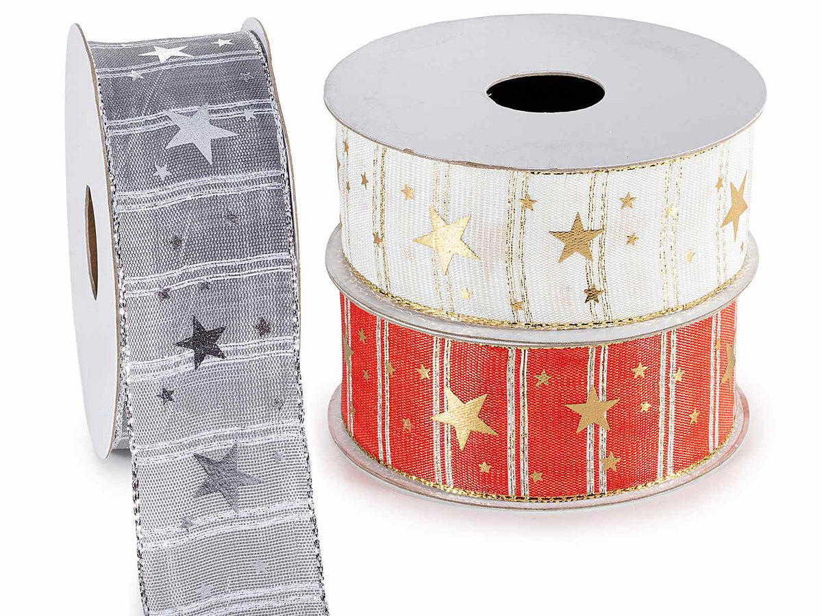 Nastri natalizi in tessuto con stampa stelle, set da 3 pezzi, mm 38 x 10 m