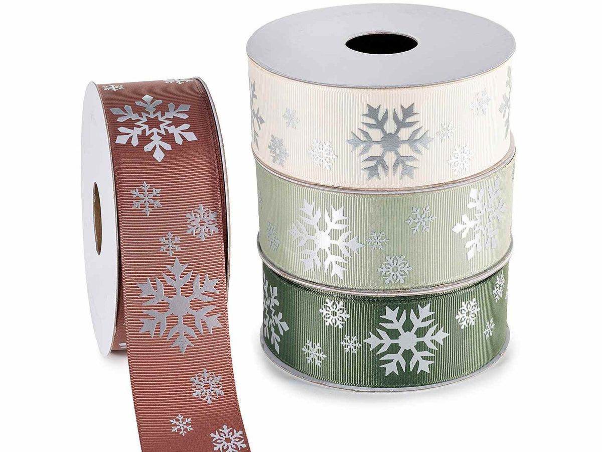 Nastri natalizi grosgrain con stampa fiocco di neve, set da 4 pezzi, mm 38 x 10 m