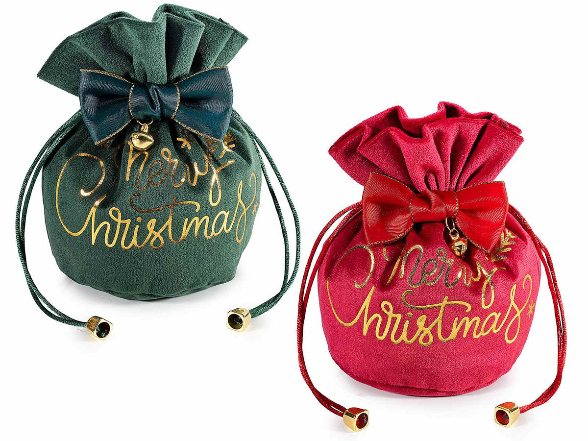 Sacchetto natalizio in velluto con scritta Merry Christmas, fiocco in raso, set da 12 pezzi, cm16x10x14H(al tirante 9,5)